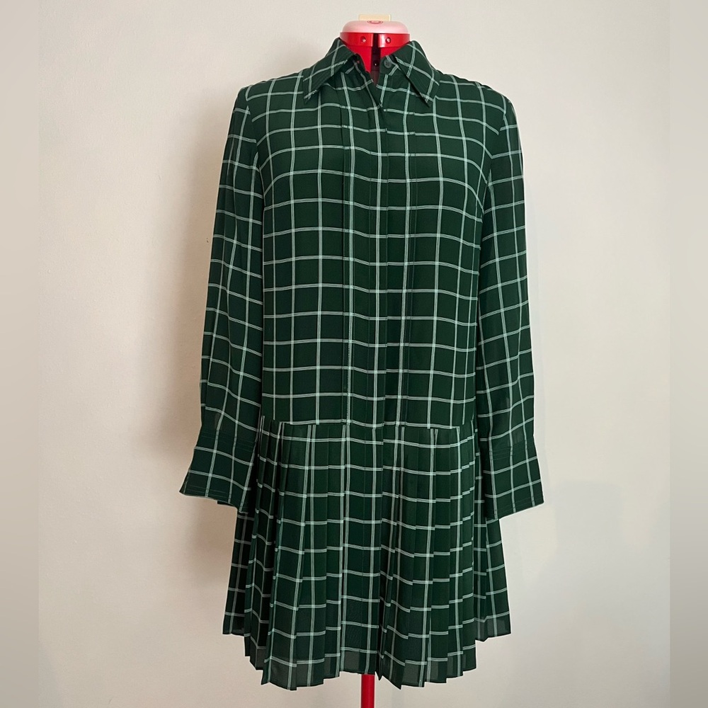 Rebecca Taylor, Green plaid silk button down,drop waist dress,xs